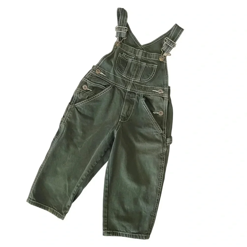 Gap Overalls Kids XXS Green Carpenter Contrast Stitch Utility Bibs